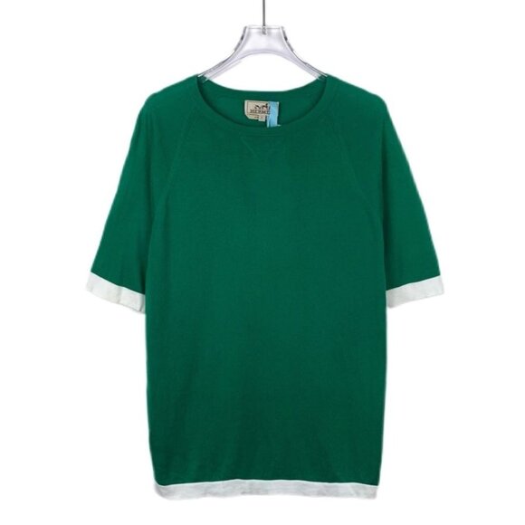 Hermès Green Cotton Knit Short-Sleeve Sweater With White Trim Round Neck Made In - Picture 1 of 8